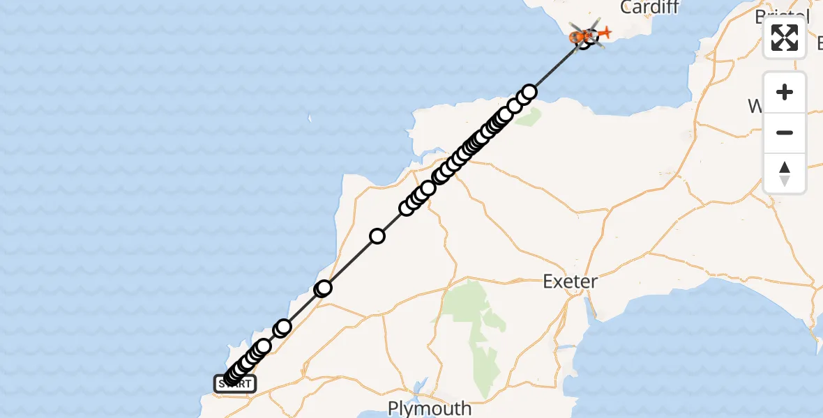 Flight route Coastguard Helicopter Cornwall Airport Newquay - MOD St Athan, 03 June 2026, 18:29
