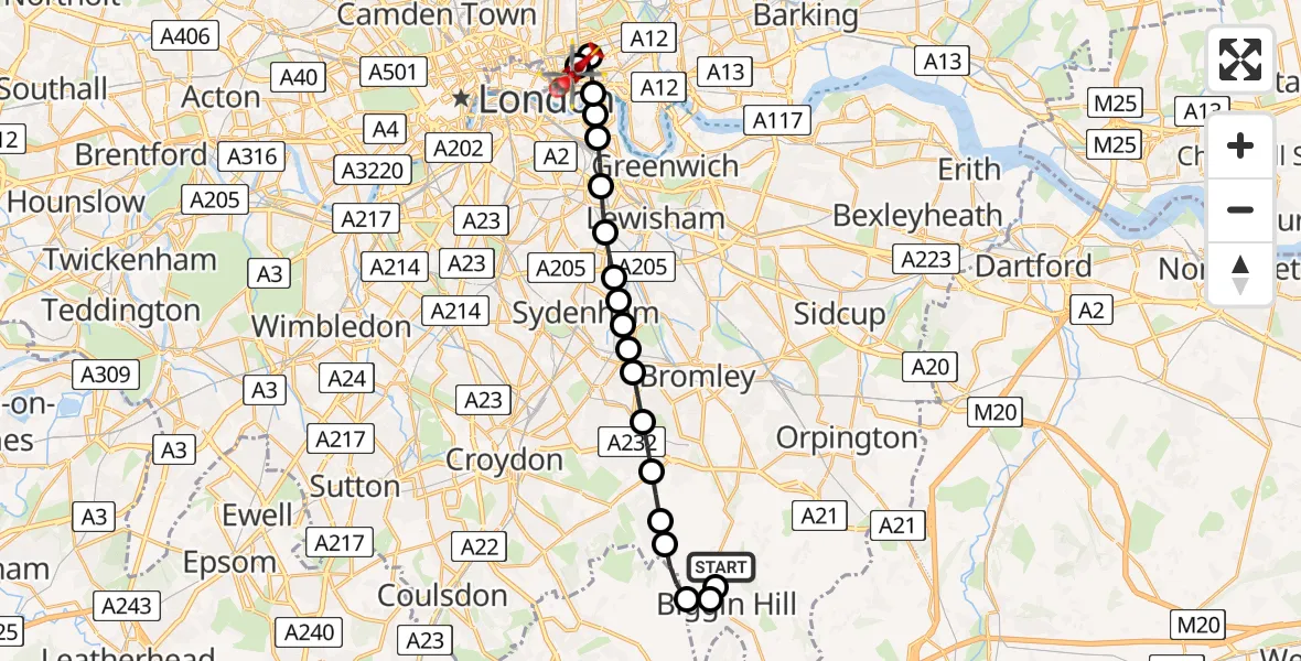 Flight route Air Ambulance Helicopter London Biggin Hill Airport - Royal London Hospital, 03 June 2026, 18:42