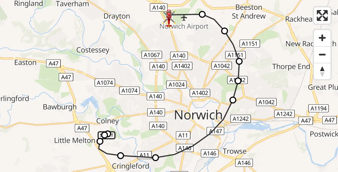 Flight route Air Ambulance Helicopter Norfolk & Norwich Hospital - Norwich Airport, 03 June 2026, 18:49