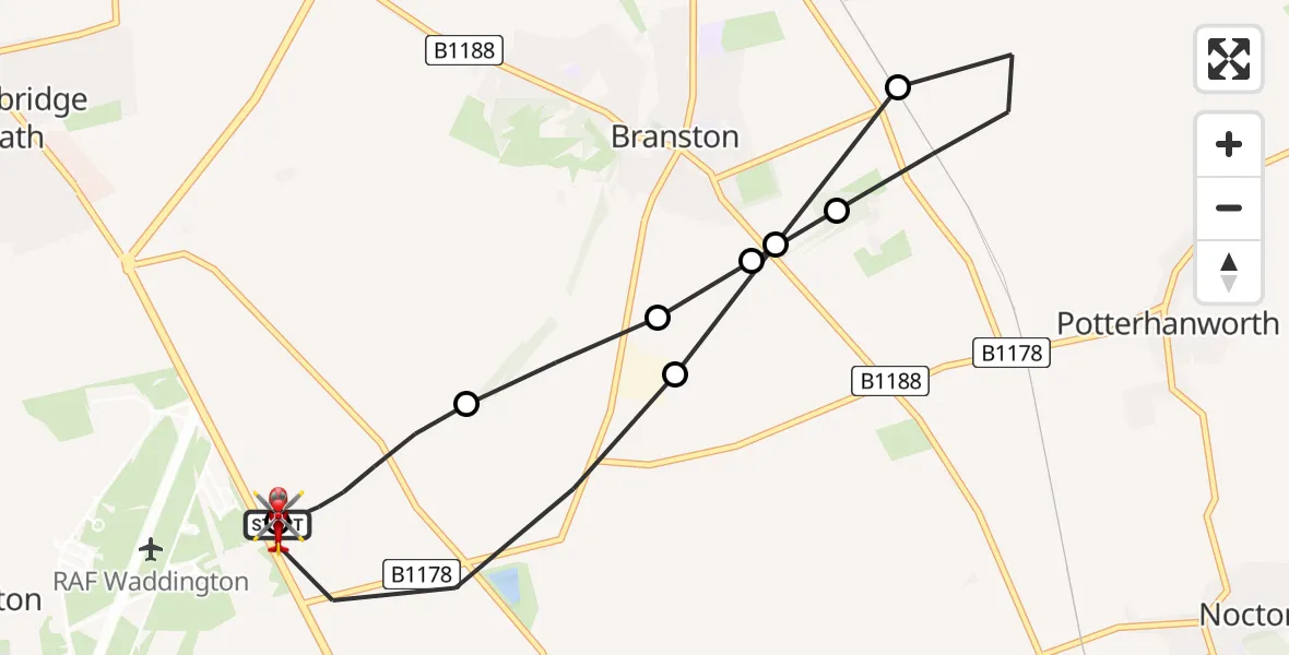 Flight route Air Ambulance Helicopter RAF Waddington - North Kesteven, 03 June 2026, 19:00