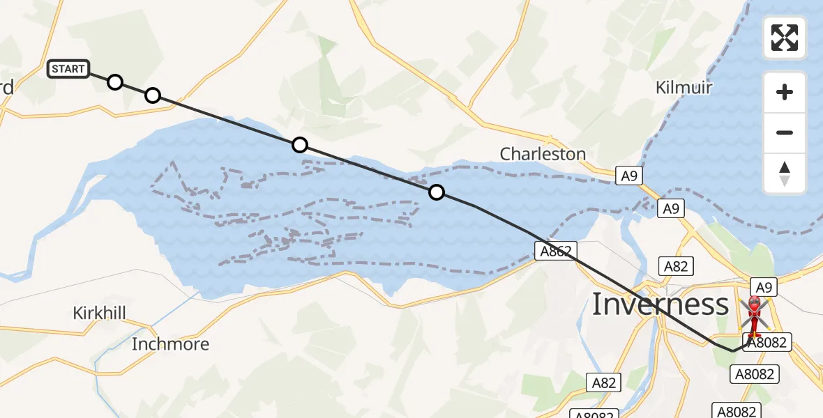 Flight route Air Ambulance Helicopter Muir of Ord - Inverness, 03 June 2026, 19:08