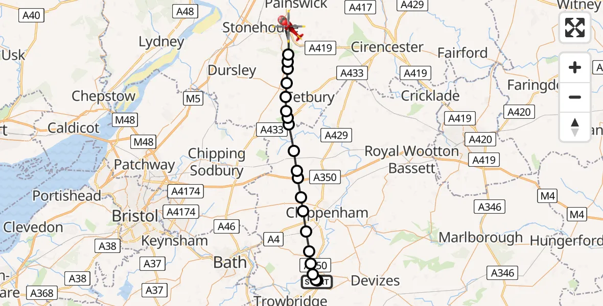 Flight route Air Ambulance Helicopter Wiltshire Air Ambulance - Stroud, 03 June 2026, 19:08