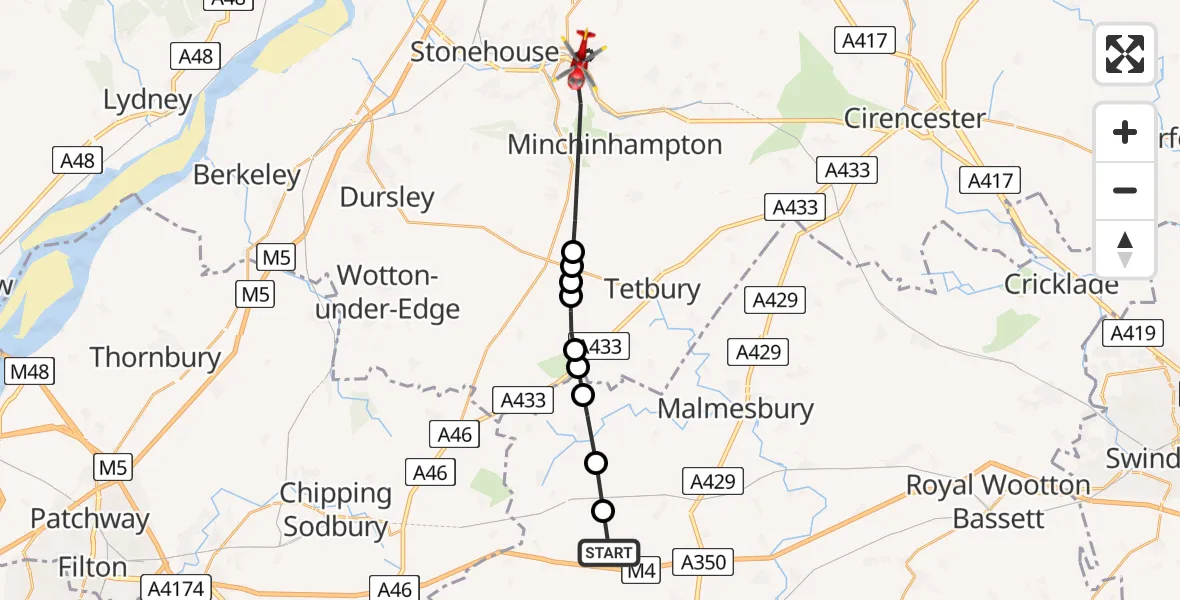 Flight route Air Ambulance Helicopter Grittleton - Stroud, 03 June 2026, 19:27