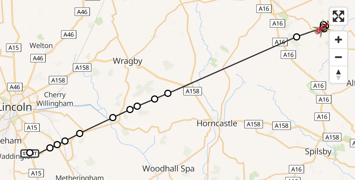 Flight route Air Ambulance Helicopter RAF Waddington - East Lindsey, 03 June 2026, 19:33