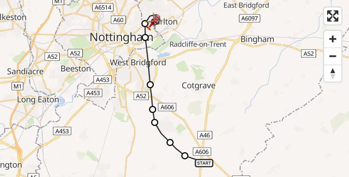 Flight route Air Ambulance Helicopter Nottingham Heliport - Carlton, 03 June 2026, 19:40