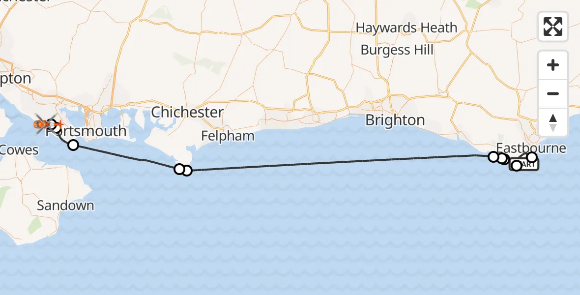 Flight route Coastguard Helicopter Eastbourne - Solent Airport, 03 June 2026, 19:41
