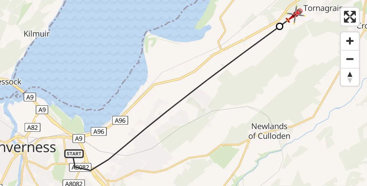 Flight route Air Ambulance Helicopter Inverness - Tornagrain, 03 June 2026, 19:44