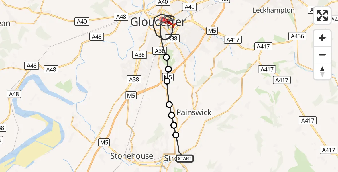 Flight route Air Ambulance Helicopter Stroud - Gloucester, 03 June 2026, 19:47