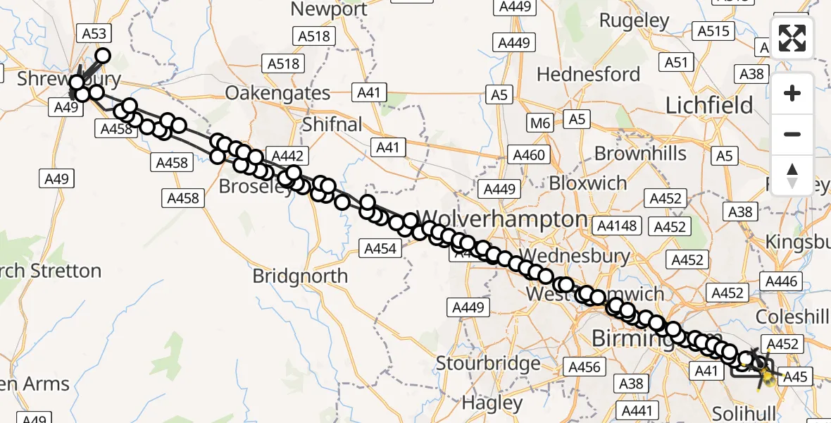 Flight route Police Helicopter Sheldon - Birmingham Airport, 03 June 2026, 19:54