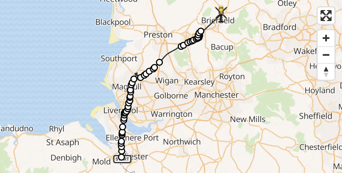 Flight route Police Helicopter Hawarden Airport - Barrowford, 03 June 2026, 19:57