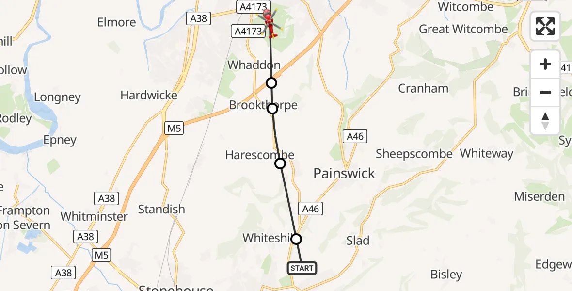 Flight route Air Ambulance Helicopter Stroud - Gloucester, 03 June 2026, 20:05