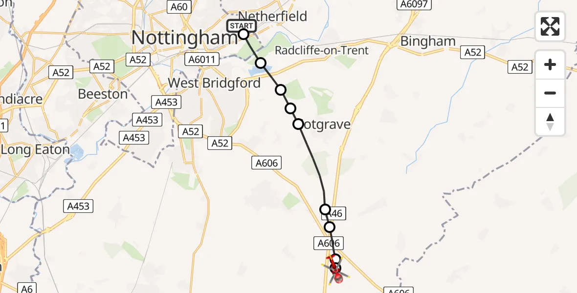 Flight route Air Ambulance Helicopter Carlton - Nottingham Heliport, 03 June 2026, 20:09