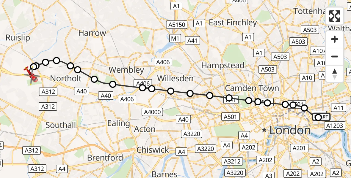 Flight route Air Ambulance Helicopter Royal London Hospital - RAF Northolt, 03 June 2026, 20:12
