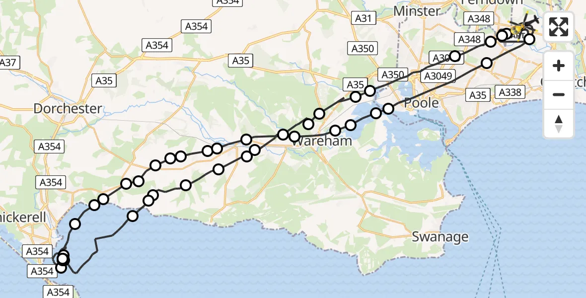Flight route Police Helicopter Hurn - Bournemouth Airport, 03 June 2026, 20:14