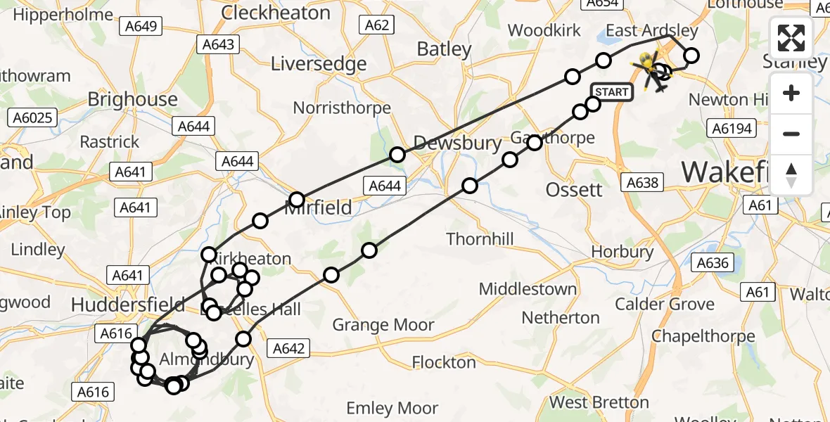 Flight route Police Helicopter Woodkirk - Brandy Carr, 03 June 2026, 20:15