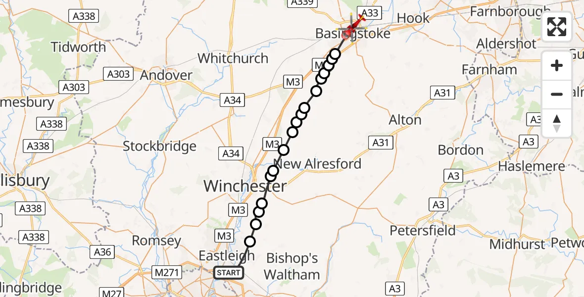 Flight route Air Ambulance Helicopter Eastleigh - Basingstoke, 03 June 2026, 20:22