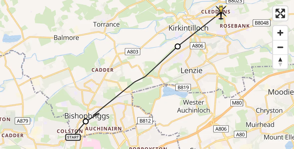 Flight route Police Helicopter Glasgow - Kirkintilloch, 03 June 2026, 20:25