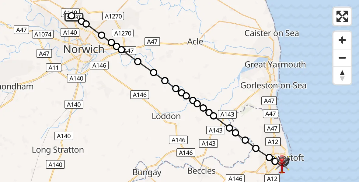 Flight route Air Ambulance Helicopter Norwich Airport - Lowestoft, 03 June 2026, 20:31