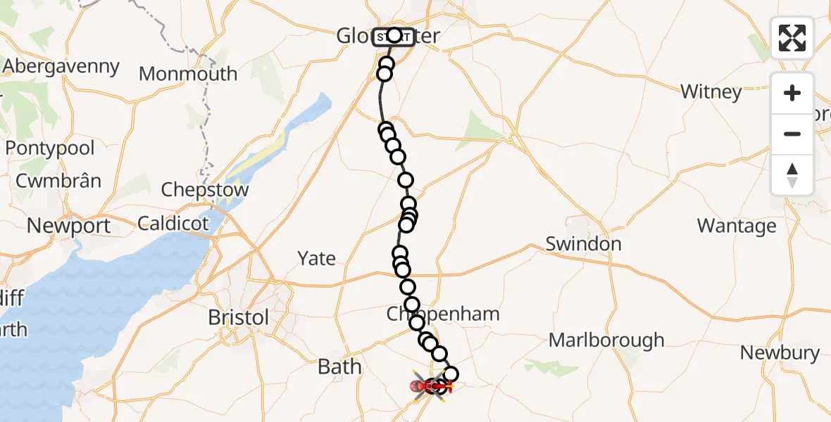 Flight route Air Ambulance Helicopter Gloucester Royal Hospital - Wiltshire Air Ambulance, 03 June 2026, 20:37