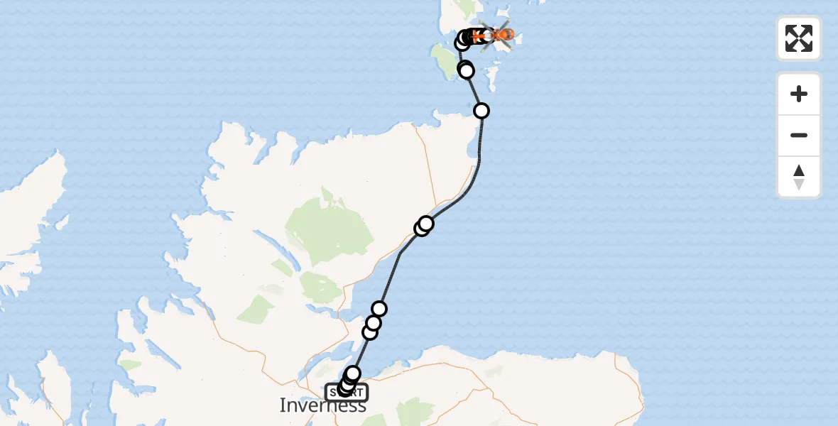 Flight route Coastguard Helicopter Inverness Airport - Kirkwall, 03 June 2026, 20:38
