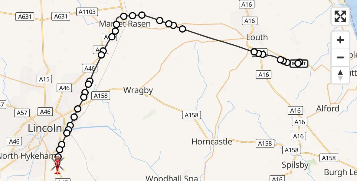 Flight route Air Ambulance Helicopter East Lindsey - North Kesteven, 03 June 2026, 21:11