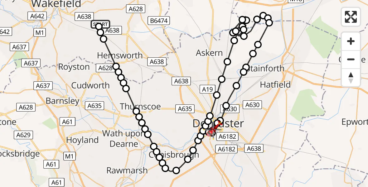 Flight route Air Ambulance Helicopter YAA Nostell Helicopter Port - Hexthorpe, 03 June 2026, 21:14