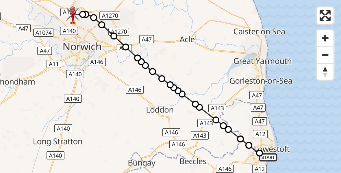 Flight route Air Ambulance Helicopter Lowestoft - Norwich Airport, 03 June 2026, 21:24