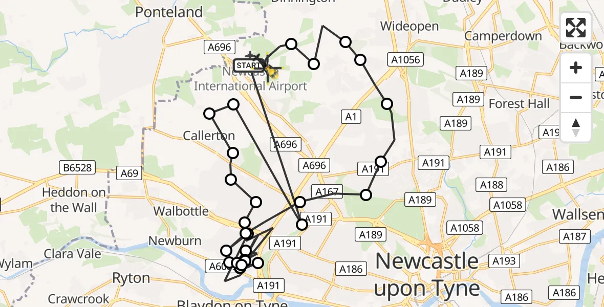 Flight route Police Helicopter Newcastle International Airport - Newcastle International Airport, 03 June 2026, 21:39