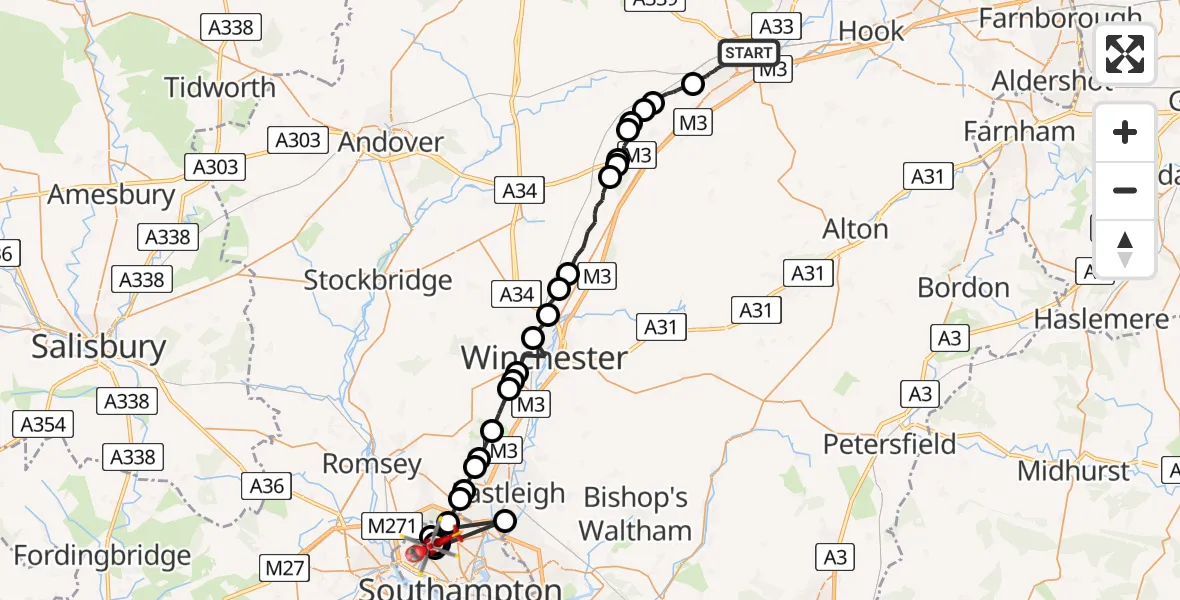 Flight route Air Ambulance Helicopter Basingstoke - University Hospital Southampton, 03 June 2026, 21:42