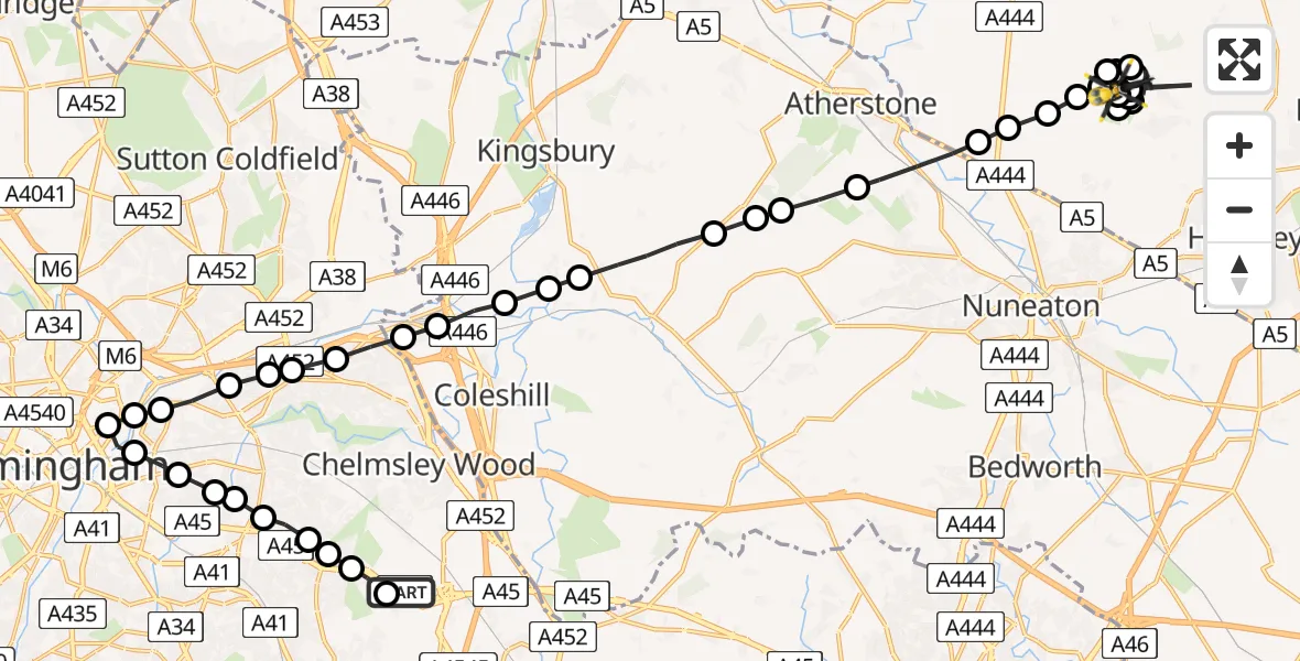 Flight route Police Helicopter Birmingham Airport - Stoke Golding Airfield, 03 June 2026, 21:57