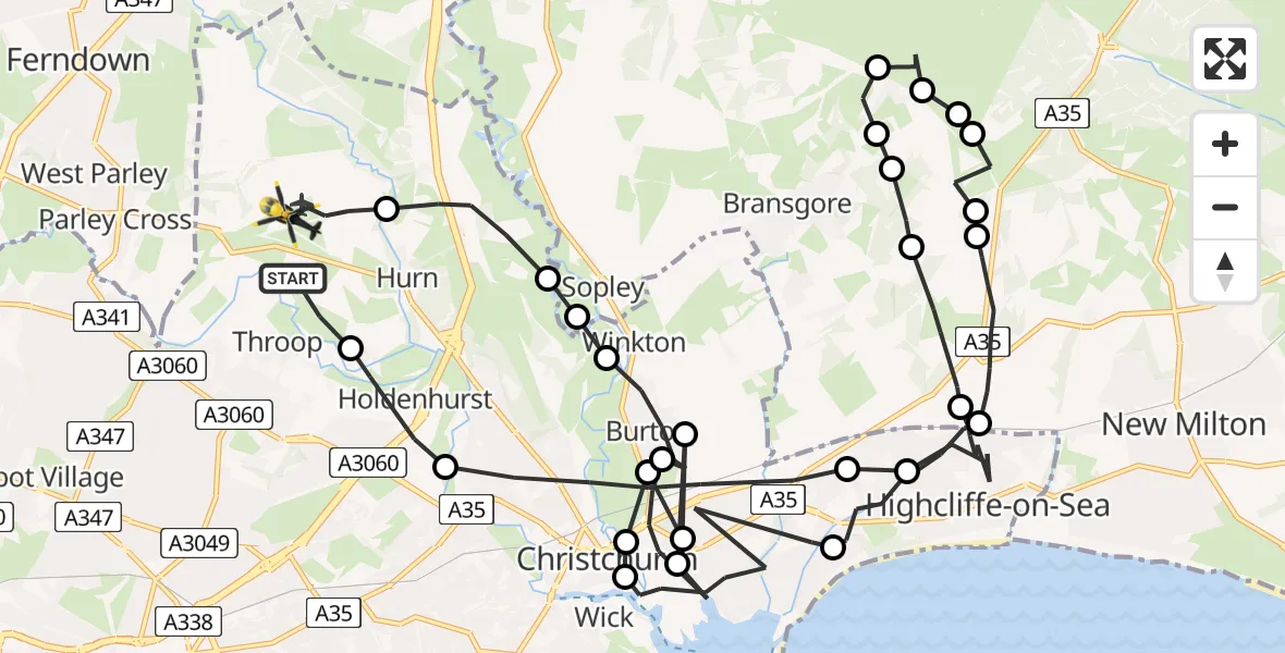 Flight route Police Helicopter Bournemouth Airport - Bournemouth Airport, 03 June 2026, 22:16