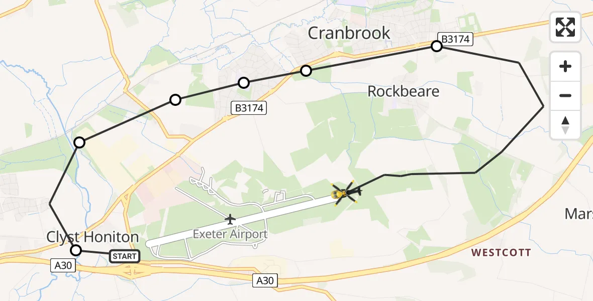 Flight route Police Helicopter Exeter International Airport - Exeter International Airport, 03 June 2026, 22:22