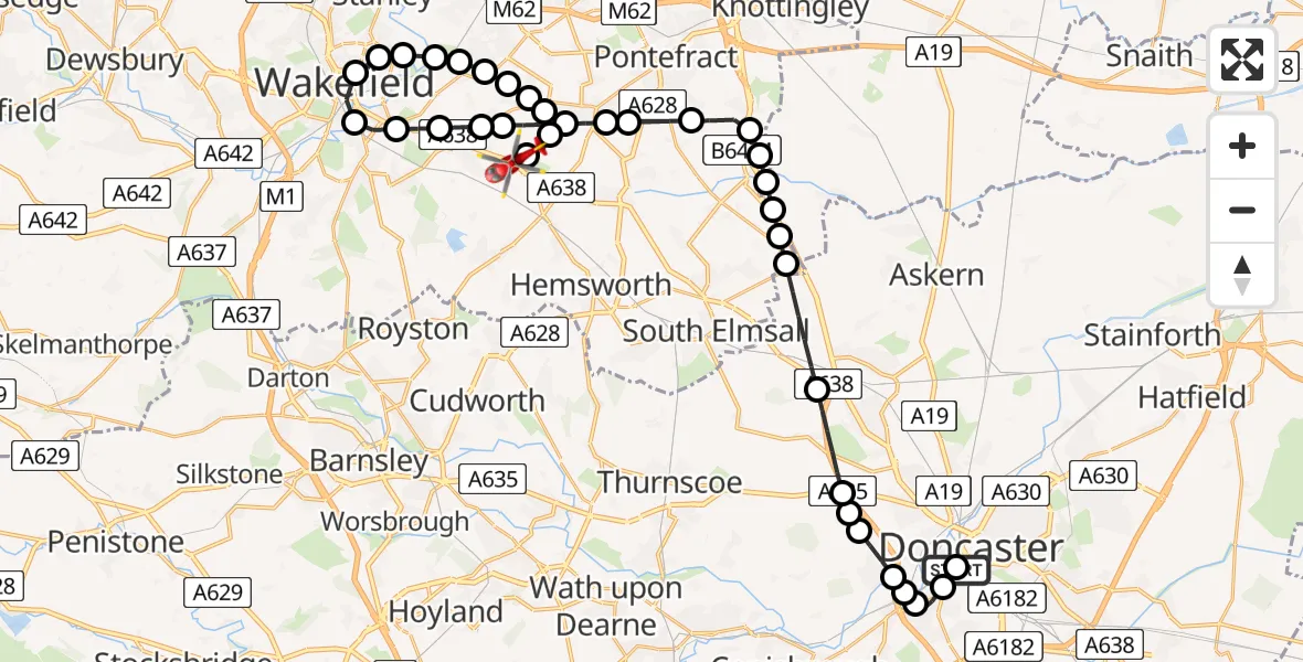 Flight route Air Ambulance Helicopter Hexthorpe - YAA Nostell Helicopter Port, 03 June 2026, 22:24