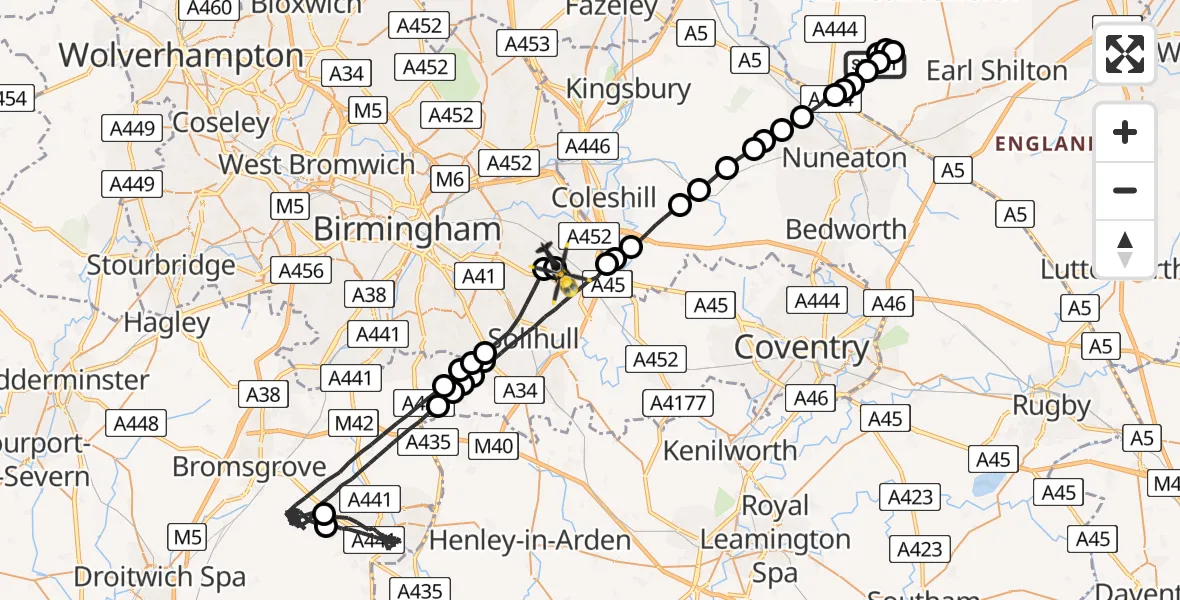 Flight route Police Helicopter Stoke Golding Airfield - Birmingham Airport, 03 June 2026, 22:24