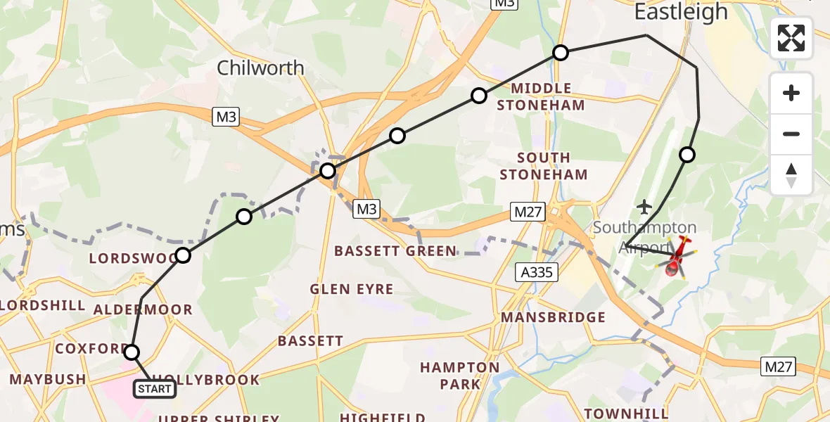 Flight route Air Ambulance Helicopter University Hospital Southampton - Eastleigh, 03 June 2026, 22:38