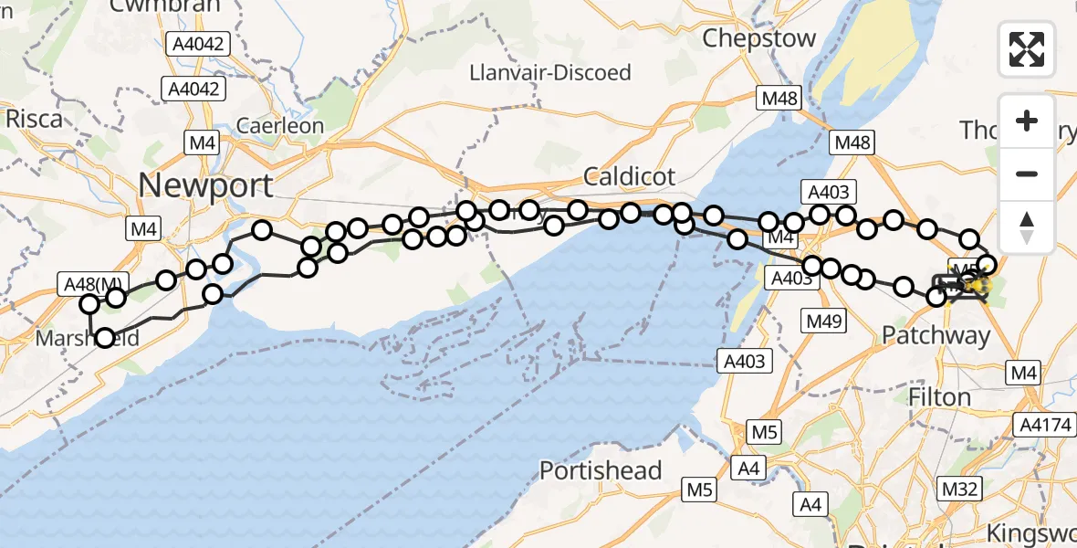 Flight route Police Helicopter Almondsbury Helicopter Base - Almondsbury Helicopter Base, 03 June 2026, 22:44