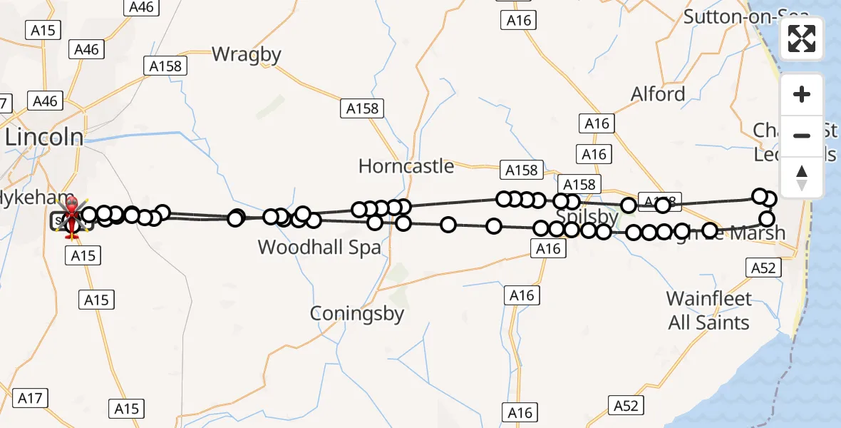Flight route Air Ambulance Helicopter RAF Waddington - North Kesteven, 03 June 2026, 22:47