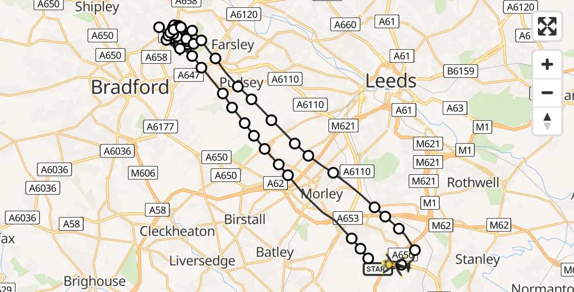 Flight route Police Helicopter East Ardsley - East Ardsley, 03 June 2026, 22:51