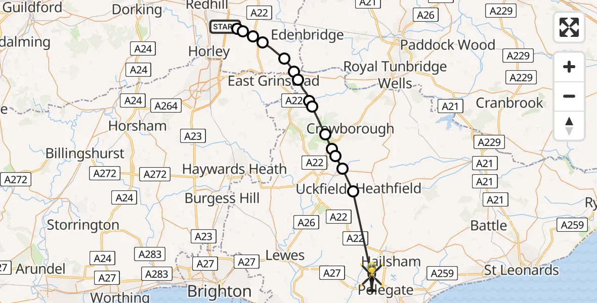 Flight route Police Helicopter Tandridge - Arlington, 03 June 2026, 23:01