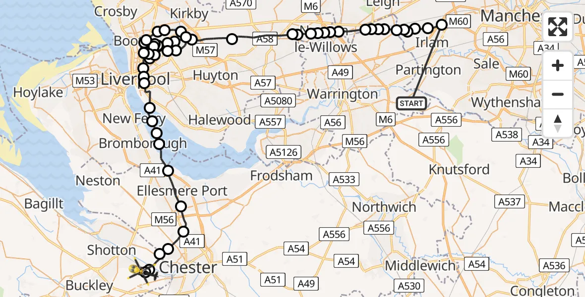 Flight route Police Helicopter Broomedge - Hawarden Airport, 03 June 2026, 23:19