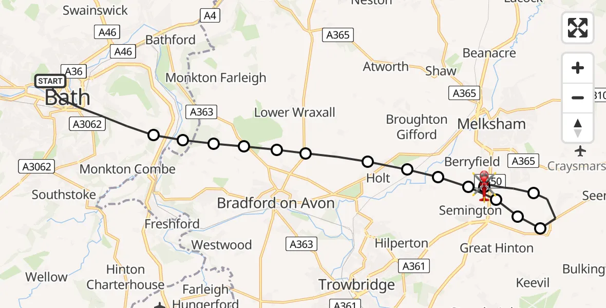 Flight route Air Ambulance Helicopter Bath - Wiltshire Air Ambulance, 03 June 2026, 23:33