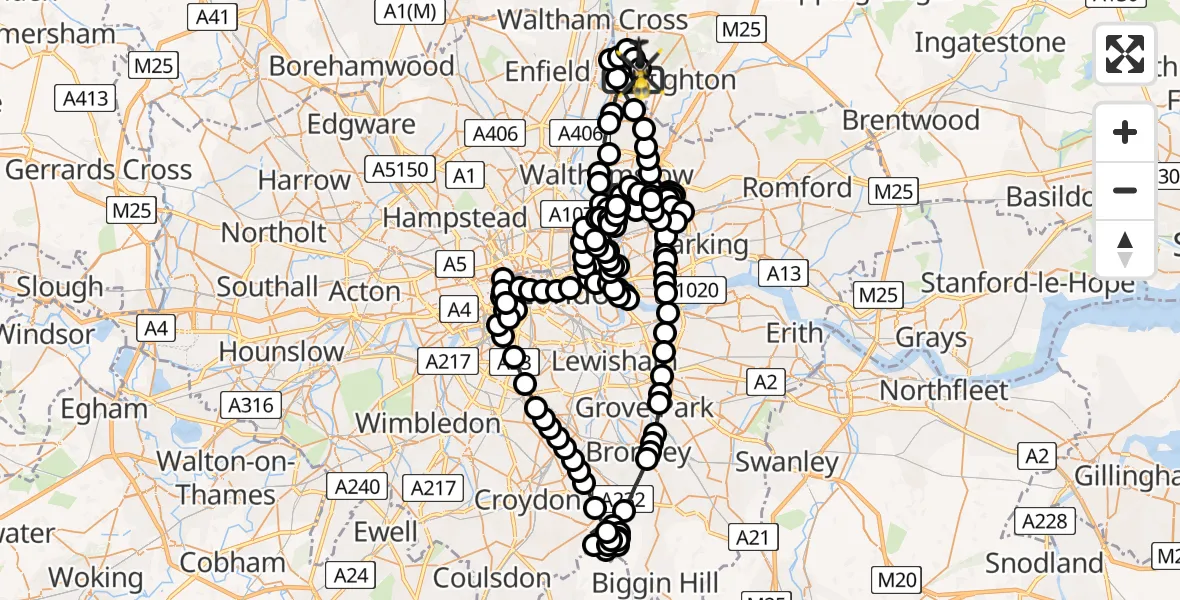 Flight route Police Helicopter Sewardstonebury - Metropolitan Police Air Support Unit Lippitts Hill, 03 June 2026, 23:36