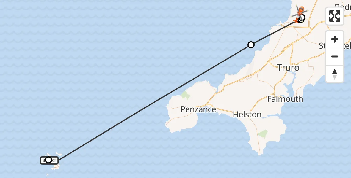 Flight route Coastguard Helicopter Tresco Heliport - Cornwall Airport Newquay, 03 June 2026, 23:48