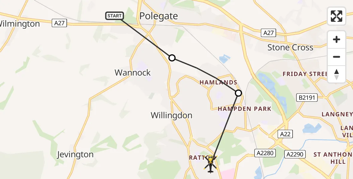Flight route Police Helicopter Wannock - Eastbourne, 03 June 2026, 23:57