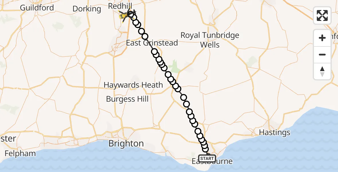 Flight route Police Helicopter Eastbourne - Tandridge, 04 June 2026, 00:08