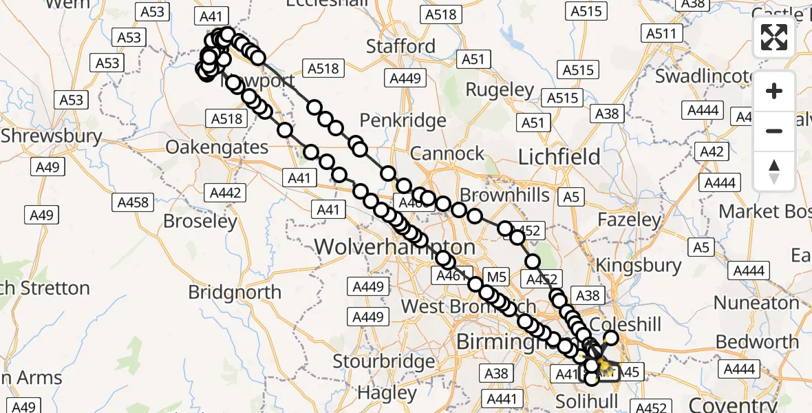 Flight route Police Helicopter Birmingham Airport - Birmingham Airport, 04 June 2026, 00:42