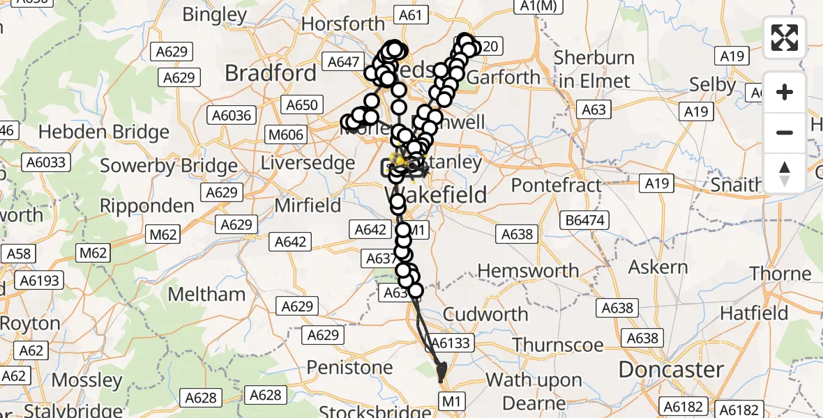 Flight route Police Helicopter East Ardsley - East Ardsley, 04 June 2026, 01:53