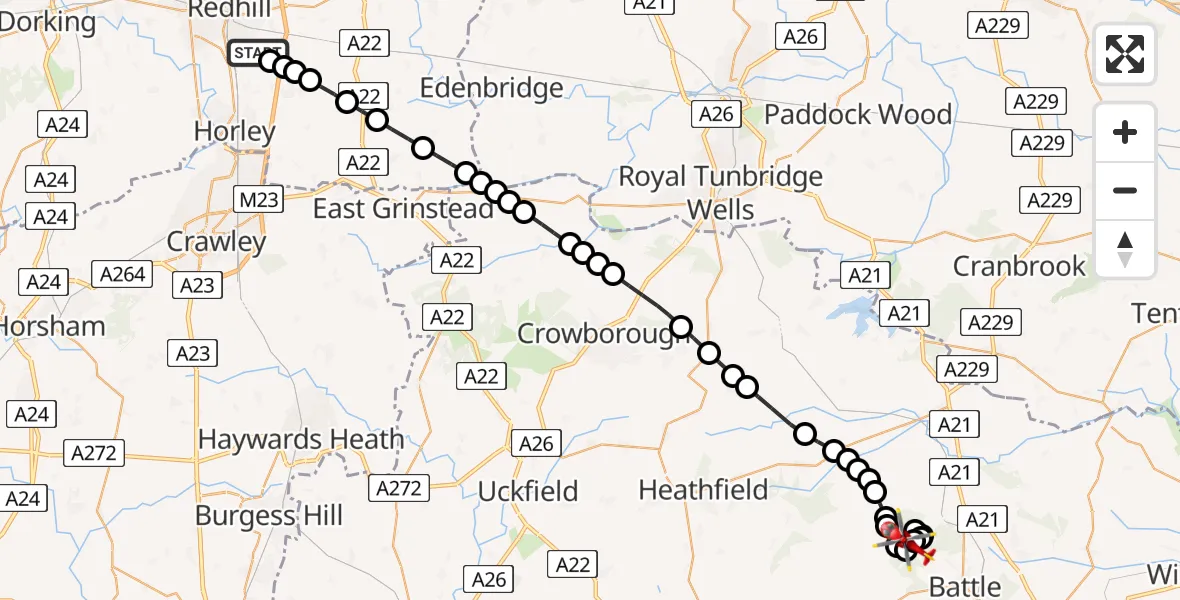 Flight route Air Ambulance Helicopter Redhill Aerodrome - Netherfield, 04 June 2026, 03:35
