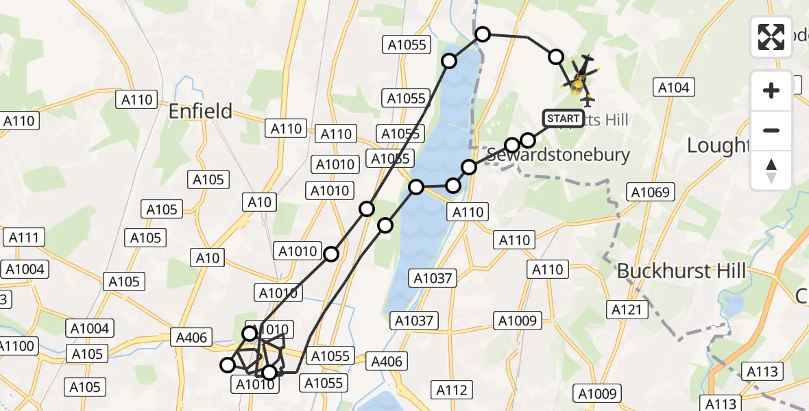 Flight route Police Helicopter Metropolitan Police Air Support Unit Lippitts Hill - Sewardstonebury, 04 June 2026, 04:15