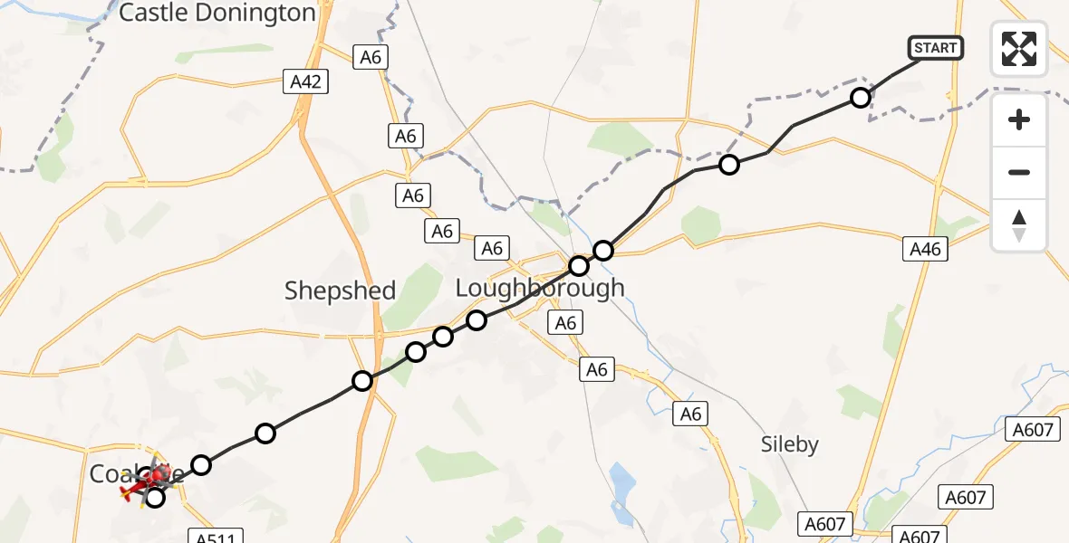 Flight route Air Ambulance Helicopter Willoughby on the Wolds - Coalville, 04 June 2026, 05:25